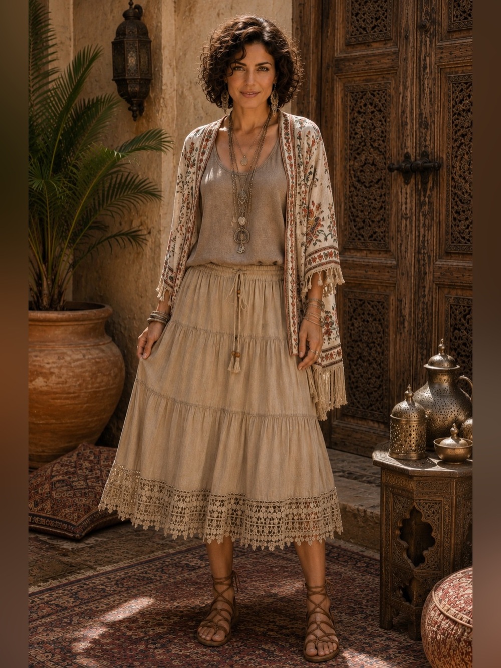 H271 Nwt Young Threads S w12-18 Boho Tiered Midi Skirt in Beige Lace Bottom